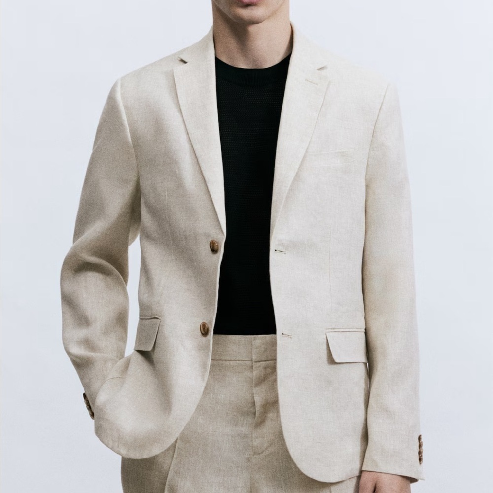 NWT H&M Linen Blend Slim Fit Blazer Jacket in Light Beige Men’s Size 42R